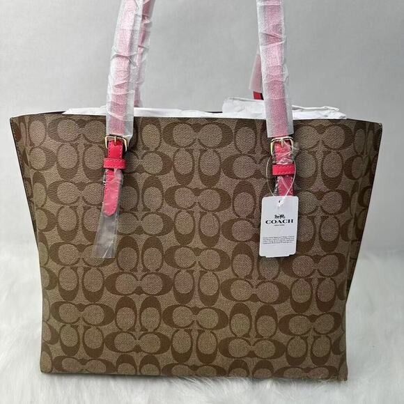 Coach Mollie Tote Bag In Signature Canvas In Khaki/Electric Pink 1665 NWT - Picture 5 of 11